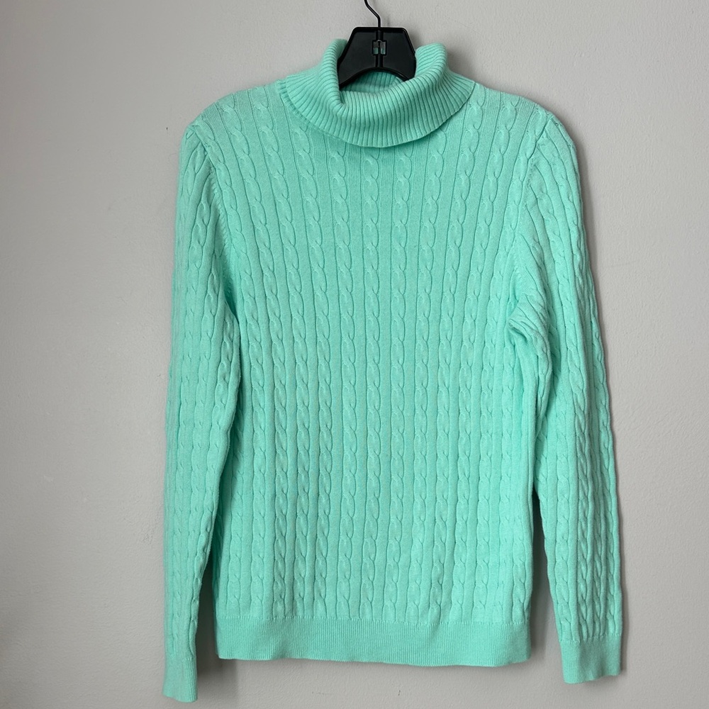 Land’s End Mint Green Cable Knit Turtleneck Sweater size S